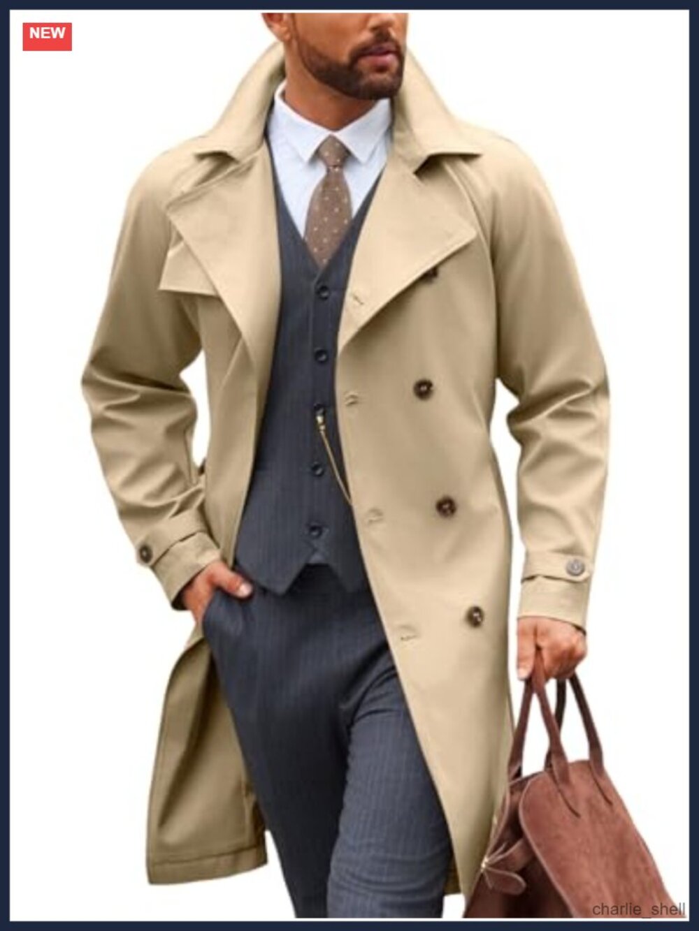 Men's Double Breasted Trench Coat Belted Windbreaker Long Overcoat